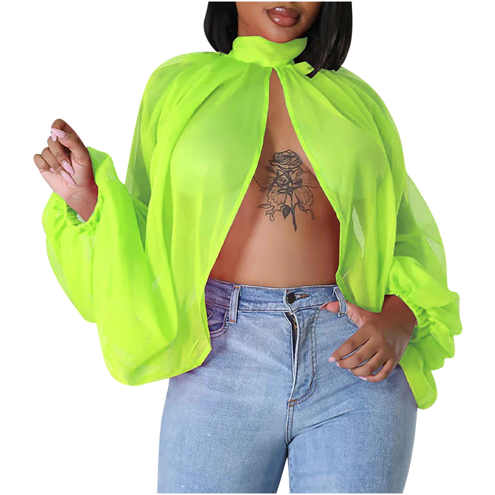 Women's Sexy See Through Chiffon Sheer Blouses Tops Lantern Sleeve