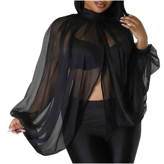 Women’s Sexy See Through Chiffon Sheer Blouses Tops Lantern Sleeve Front Back Open High Neck Self Tie Shawl Casual Shirts