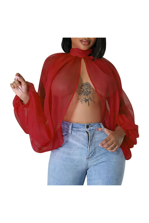 Women’s Sexy See Through Chiffon Sheer Blouses Tops Lantern Sleeve Front Back Open High Neck Self Tie Shawl Casual Shirts