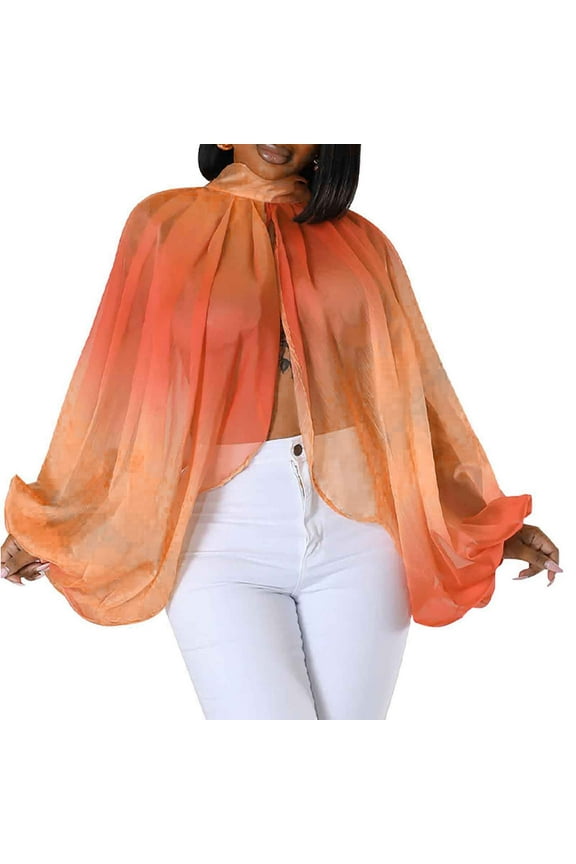 Women’s Sexy See Through Chiffon Sheer Blouses Tops Lantern Sleeve Front Back Open High Neck Self Tie Shawl Casual Shirts