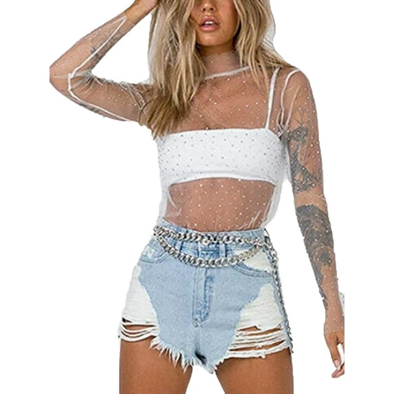 Women's Sexy See Through Shirts Mesh Sheer Glitter Sequin Tops Long Sleeve Turtleneck Neck Sheer Blouse E Gril Streetwear