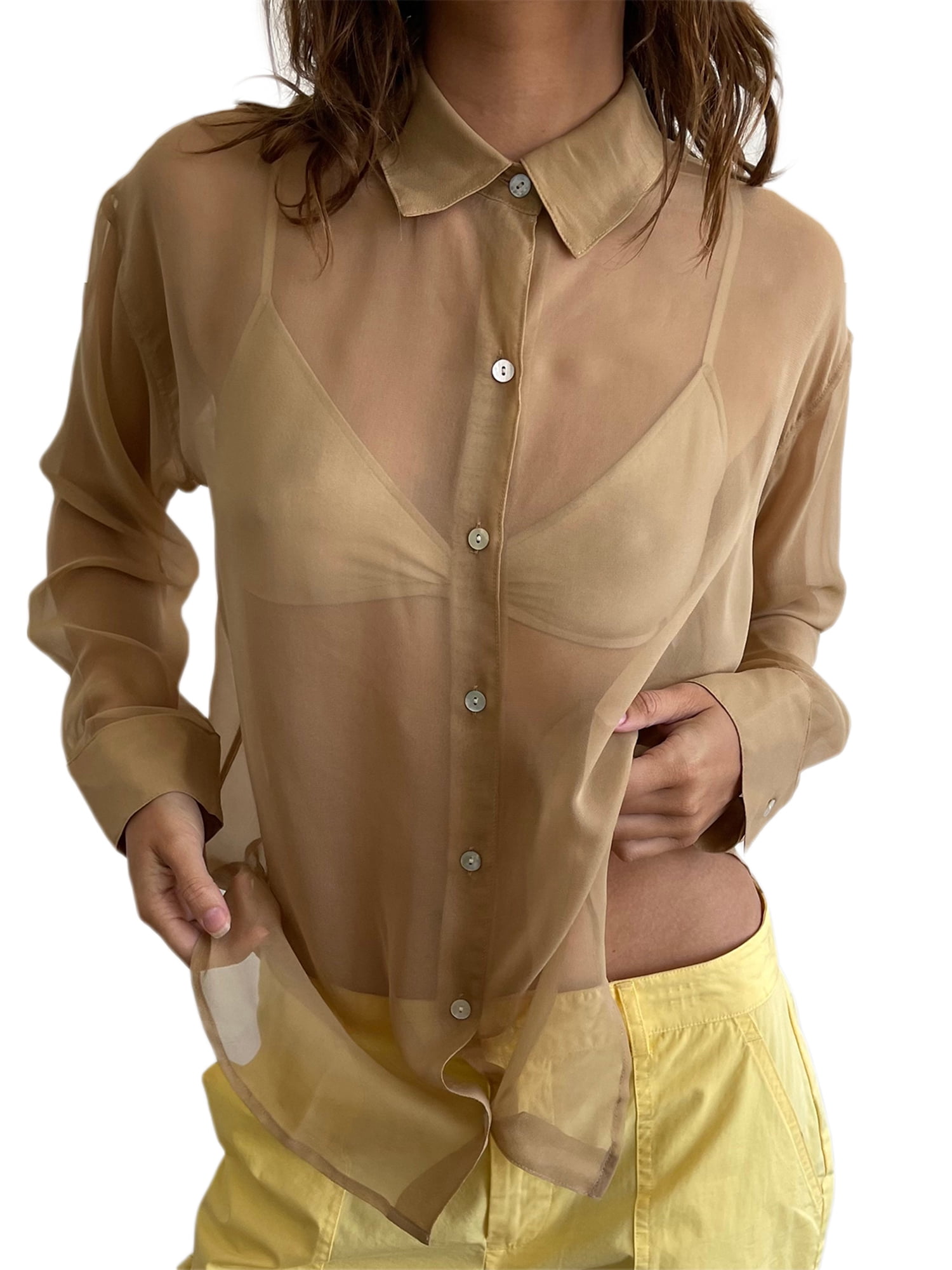 Women’s Sexy Sheer Button Up Shirt Y2K Long Sleeve Lapel Loose Mesh Top  Vintage See Through Basic Blouse Summer Casual Streetwear