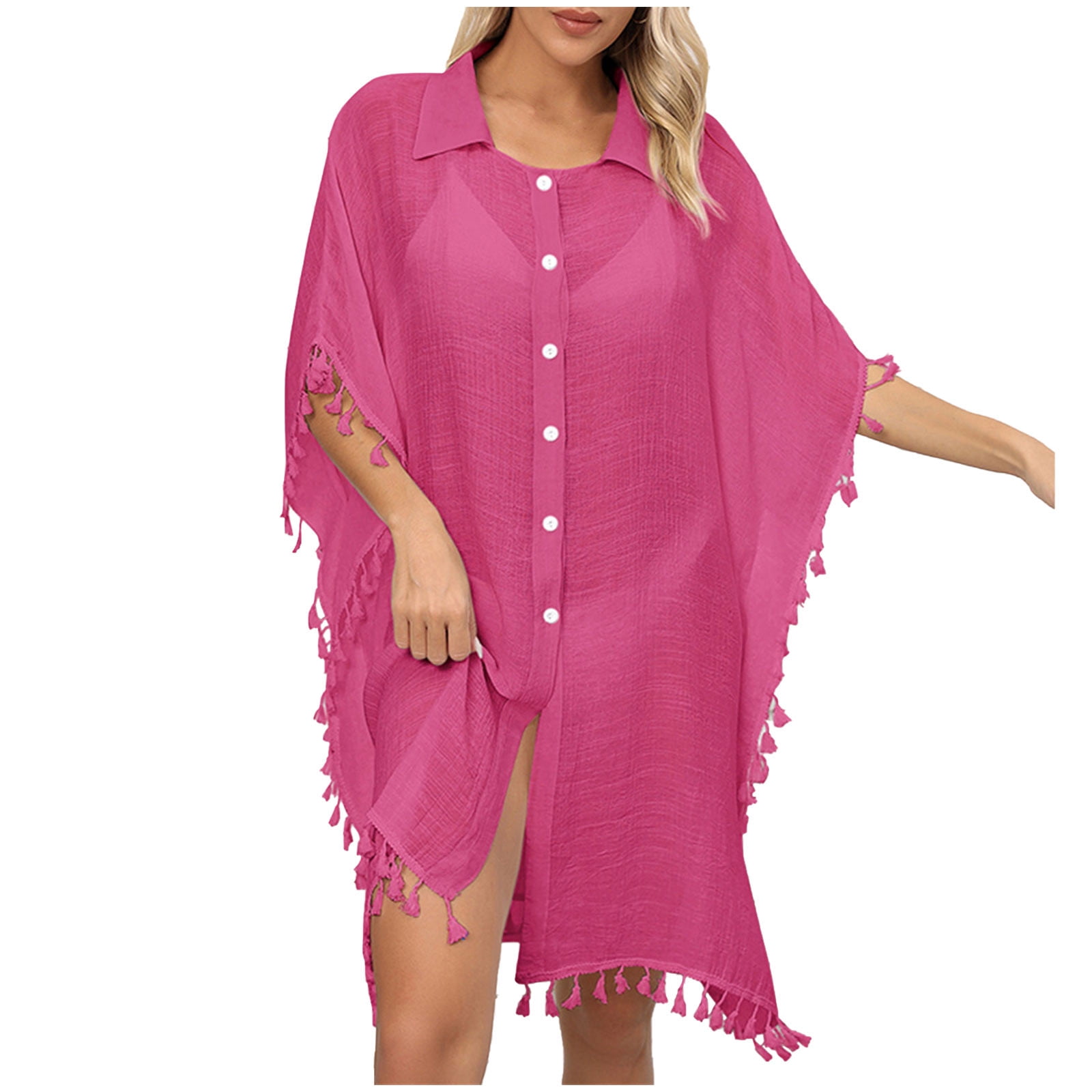 Women's Sexy Sheer Hem Bathing Suit Cover Ups Dress Loose Button Down