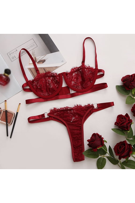 Women's Sexy Sheer Lace Lingerie Set - Push Up Bra & Thong Underwear with Adjustable Straps, Ring Detail, Pink & White 2-Piece Outfit