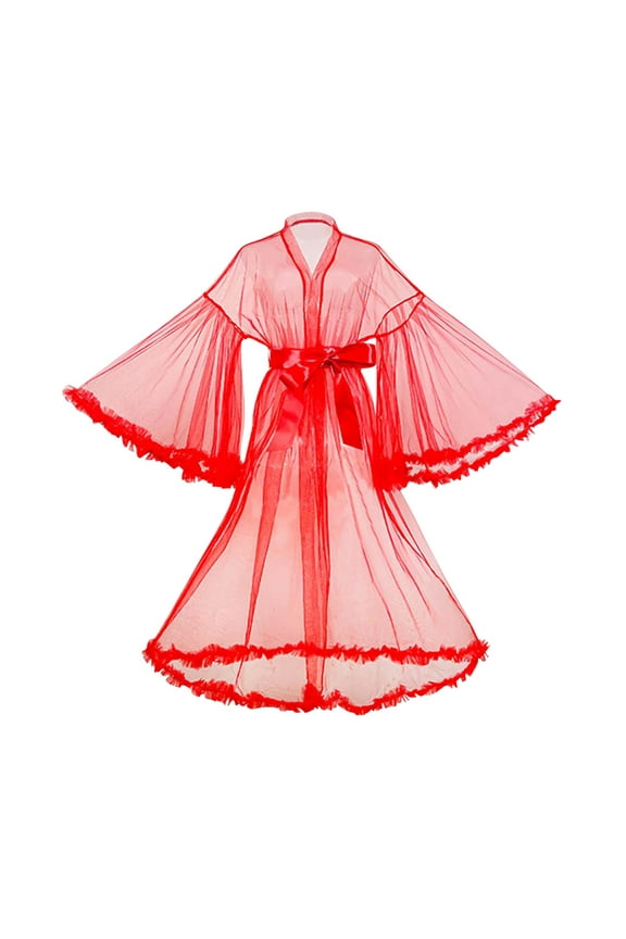 Women's Sexy Sheer Mesh Fur Trim Belted Sleep Robe Bridal Wedding Lingerie for Holiday Wedding Night