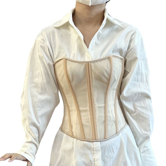 Women's Sexy Sheer Mesh Lace Up Corset Bustier Top Shapewear Corset Belt Waist Corset Top,Color:Beige