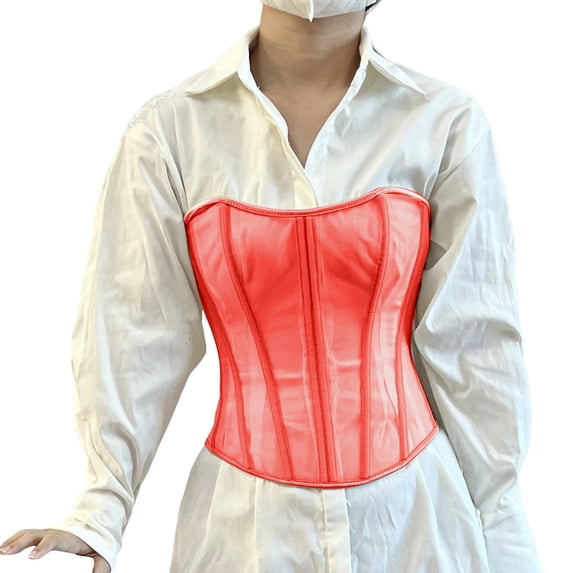 Women's Sexy Sheer Mesh Lace Up Corset Bustier Top Shapewear Corset Belt Waist Corset Top,Color:Red