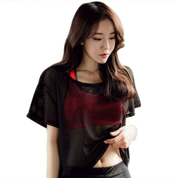 Women's Sexy Sheer Short Sleeve See Through Mesh T-Shirt Crop Sport Top