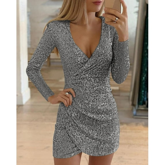 Women's Sexy Shiny Sequin Dress Long Sleeve V-Neck Bodycon Slim Short Dress Splicing Solid Color Dress