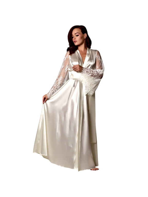 Women's Sexy Silk Robes See Through Lace Sleeves Nightgown Cover Up Bathrobe for Bridesmaids Wedding Party