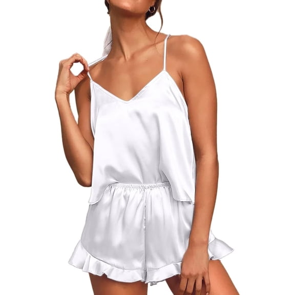 SOMER Pajamas for Women Set Sexy Silk Satin Ruffled Cute Pajama Sets for Women 2 Piece Cami White Shorts Sets Cozy Sleepwear