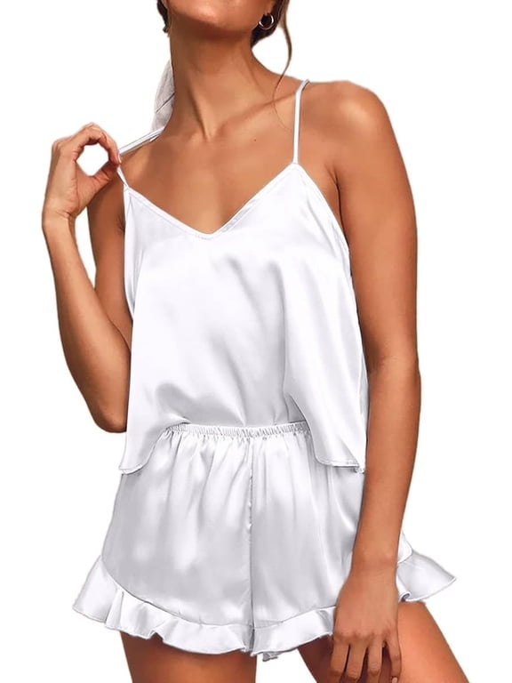 Sexy Pajamas for Women Set Silk Satin Ruffled Cute Pajama Sets for Women 2 Piece Cami White Shorts Sets Cozy Sleepwear