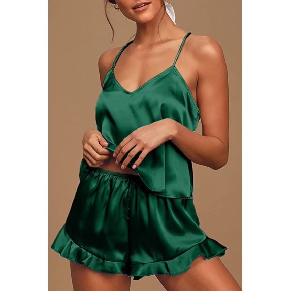 Women's Sexy Silk Satin Ruffled Pajamas Sets Cami Shorts Sets Sleepwear