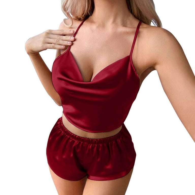 Women s Sexy Silk Satin Ruffled Pajamas Sets Cami Shorts Sets Sleepwear Satin Pajamas Cami Shorts Set Nightwear Pajamas Set Womens Pajama Pants Short Length Pajama Shorts for Women Set Two Two Cute