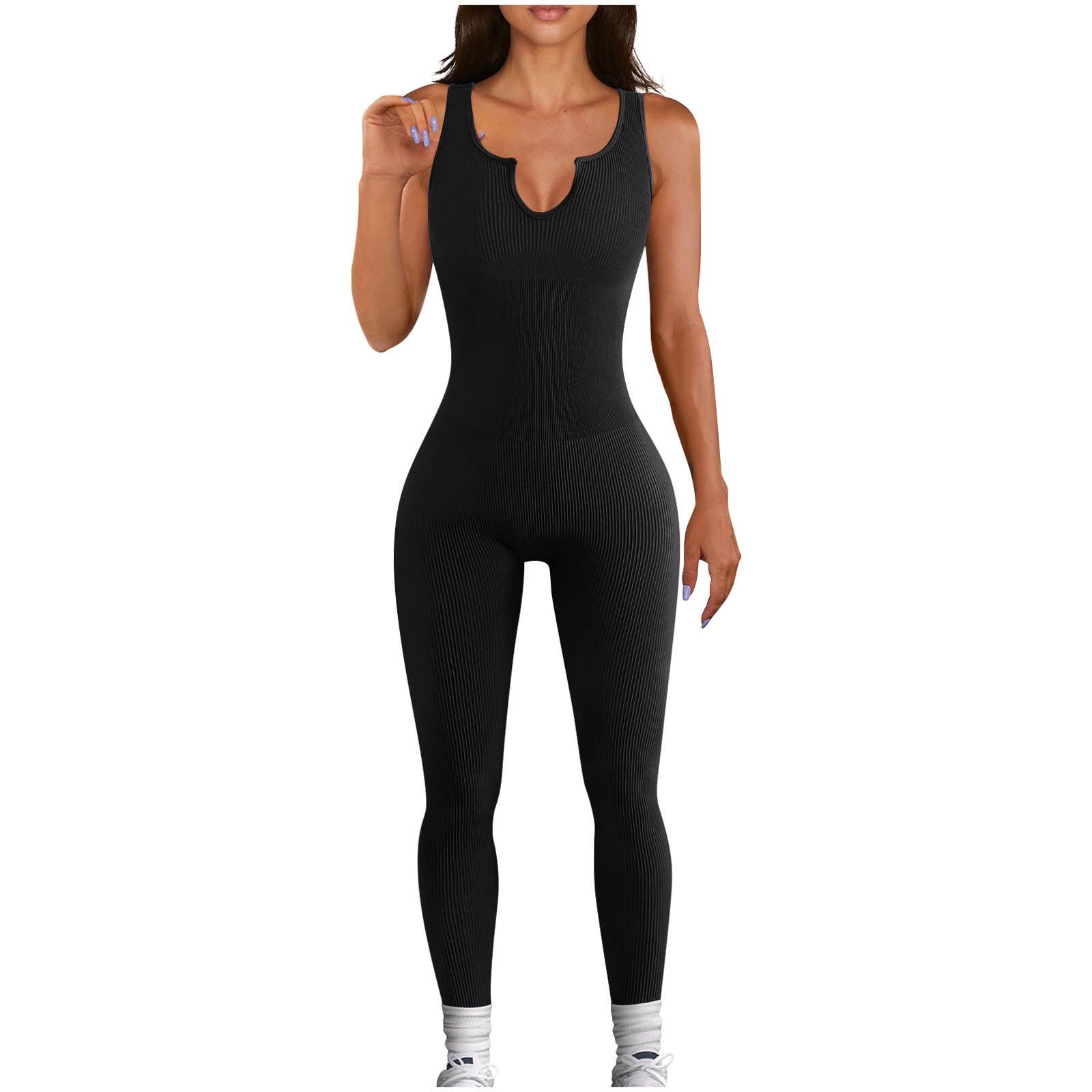 Women's Sexy Sleeveless Bodysuits V Neck Tank Long Rompers One Piece Ribbed Workout  Jumpsuits Playsuit Clubwear 