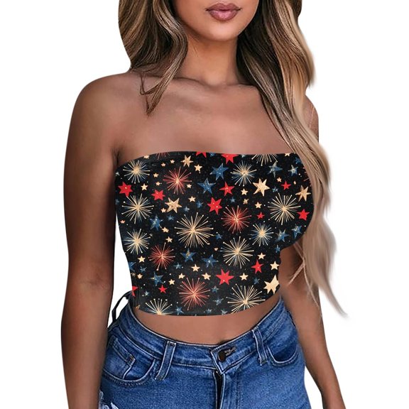 Women's Sexy Sleeveless Crop Top Summer Casual Cami Tank with Independence Day Print, Camisole Shirt Vest for Beachwear & Daily Outfits,Black S