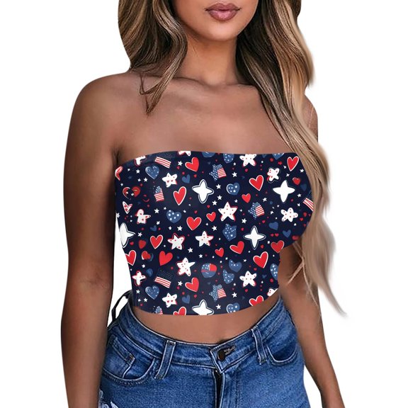 Women's Sexy Sleeveless Crop Top Summer Casual Cami Tank with Independence Day Print, Camisole Shirt Vest for Beachwear & Daily Outfits,Dark Blue S