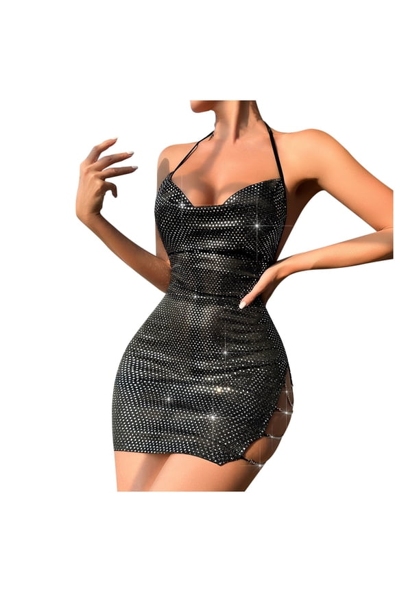 Women's Sexy Sleeveless Illuminated Chain Detail Wrap Dress Casual Slim Fit Open Back Mini Skirt