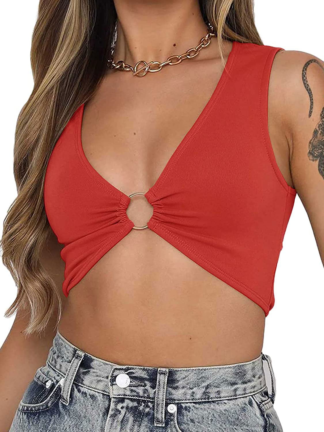 Women's Sexy Sleeveless Plunging Neckline Underboob Corset Y2k Cropped Tank  Top with Golden Ring 