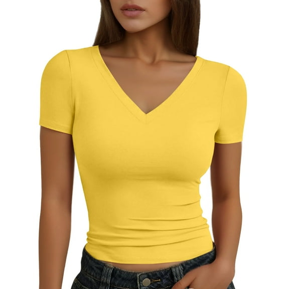 Women's Sexy Slim Fit V Neck Short Sleeve T-Shirt Summer Casual Basic Tee Top Fashion Solid Color Streetwear