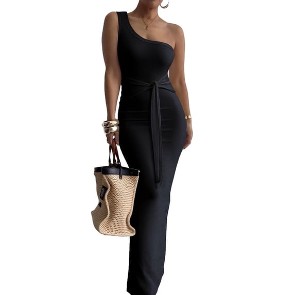 Women’s Sexy Slim One Shoulder Neck Long Dress Sleeveless Summer Cocktail Maxi Dresses for Women Black M