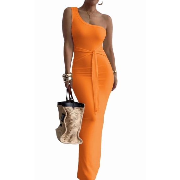 Women’s Sexy Slim One Shoulder Neck Long Dress Sleeveless Summer Cocktail Maxi Dresses for Women Orange M