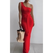 Womens Sexy Slim One Shoulder Neck Long Dress Sleeveless Summer Cocktail Maxi Dresses for Women Red 2XL