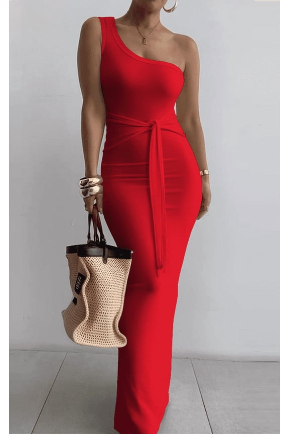 Women's Sexy Slim One Shoulder Neck Long Dress Sleeveless Summer Cocktail Maxi Dresses for Women Red 2XL