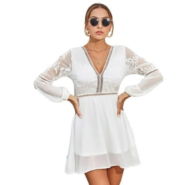 Women's Sexy Solid Color Dress Long Sleeve V Neck Ruffle Boho A line Mini Dress Party Beach Backless Dress