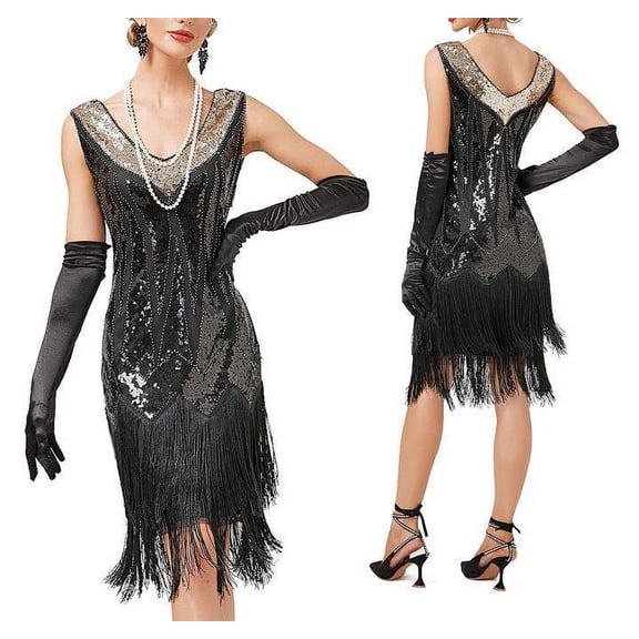 Women's Sexy Solid Color Sequin Fringe Party Dress, Black, XXL