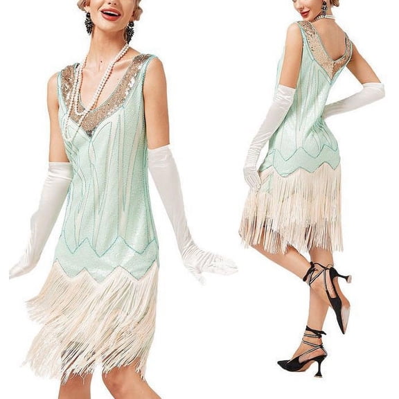 Women's Sexy Solid Color Sequin Fringe Party Dress, Mint Green, XL