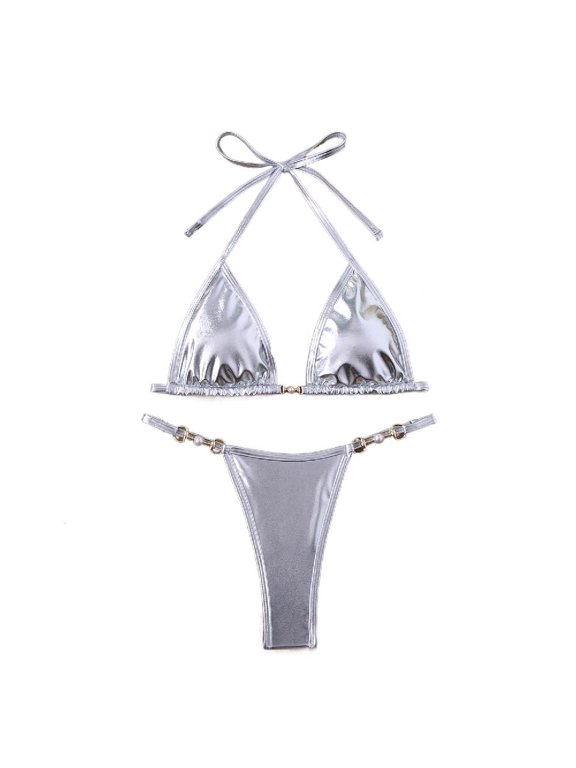 Women Solid Metallic Shiny Bikini Set Y2K Two‑Piece Swimsuit Halter Tie‑up Adjustable High‑Cut Beach Bathing Suit