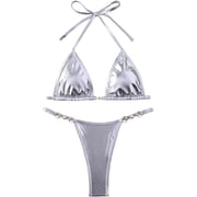 Womens Sexy Solid Metallic Bikini Set Y2K Two Piece Swimsuit Full Coverage Bathing Suit Push Up Swimwear for Women