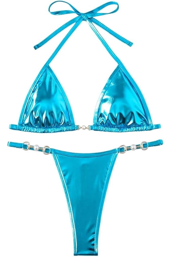 Women's Sexy Solid Metallic Bikini Set Y2K Two Piece Swimsuit Full Coverage Bathing Suit Push Up Swimwear for Women