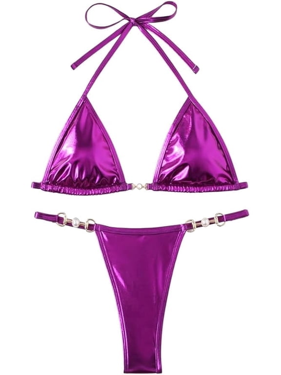 Women's Sexy Solid Metallic Bikini Set Y2K Two Piece Swimsuit Full Coverage Bathing Suit Push Up Swimwear for Women