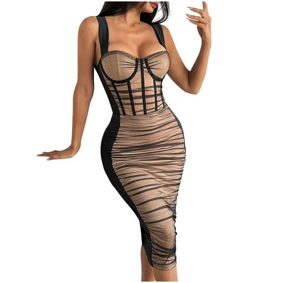 Women's Sexy Spaghetti Strap Bodycon Midi Dress Backless Mesh Sexy Sleeveless Cocktail Long Formal Dresses Party S-L