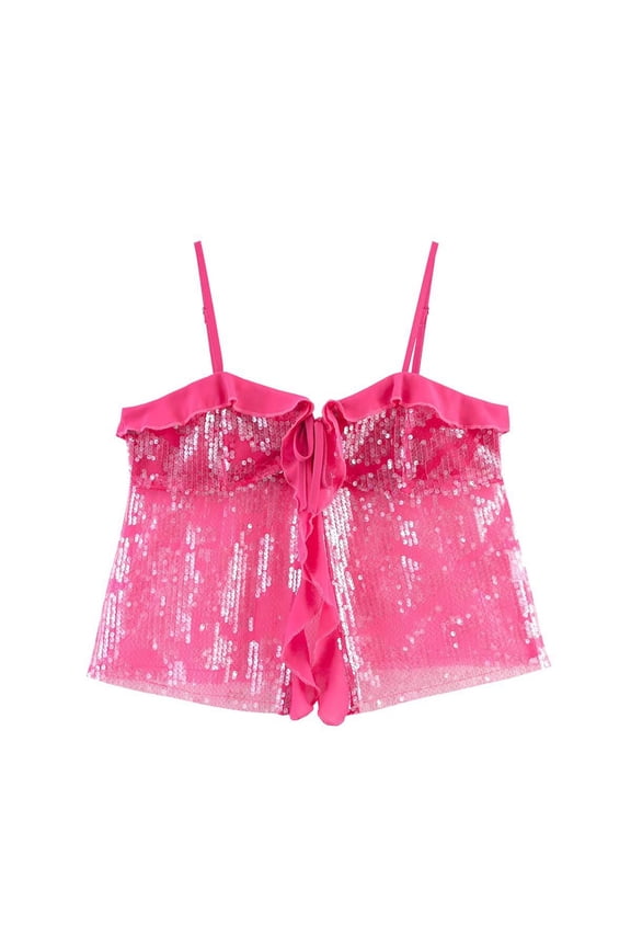 Women's Sexy Sparkly Sequin Cami Top Spaghetti Strap Ruffle Front Clubwear Going Out Camisole