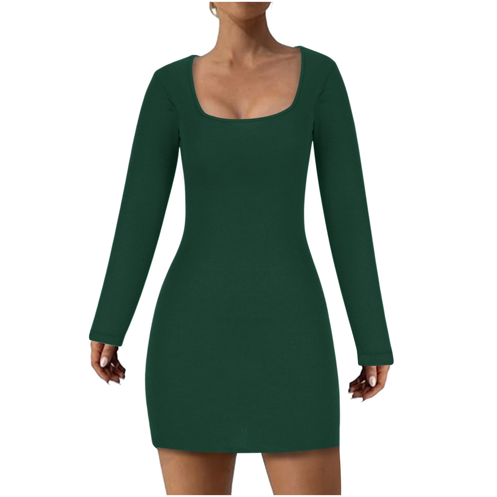 Women's Sexy Square Neck Baselayer Dresses, Fall Winter Slim Fit Casual