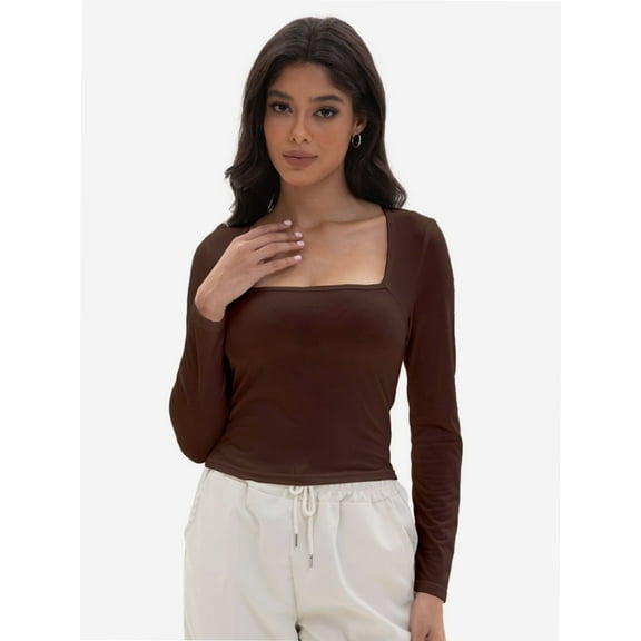 Women's Long Sleeve Square Neck Sexy Slim Fit Cropped T Shirts