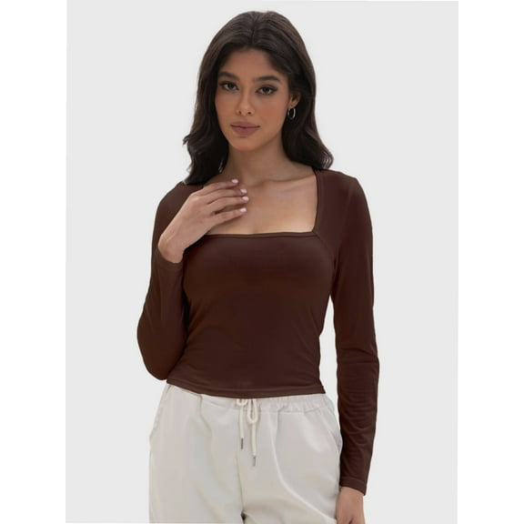 Women's Sexy Square Neck Crop Top Long Sleeve Slim Fit Cropped T Shirts