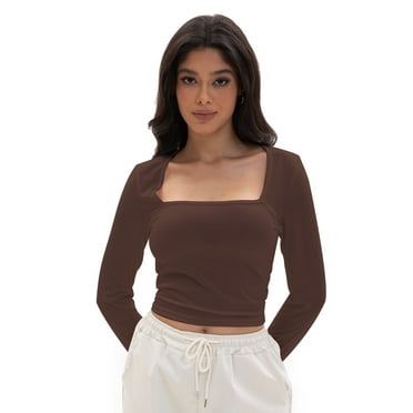Women's Sexy Square Neck Crop Top Long Sleeve Slim Fit Cropped T Shirts