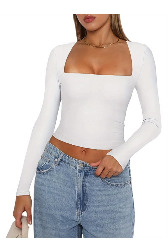 Women's Sexy Square Neck Crop Top Long Sleeve Slim Fit Tight T Shirts Going Out Stretchy Tank Tops Tee