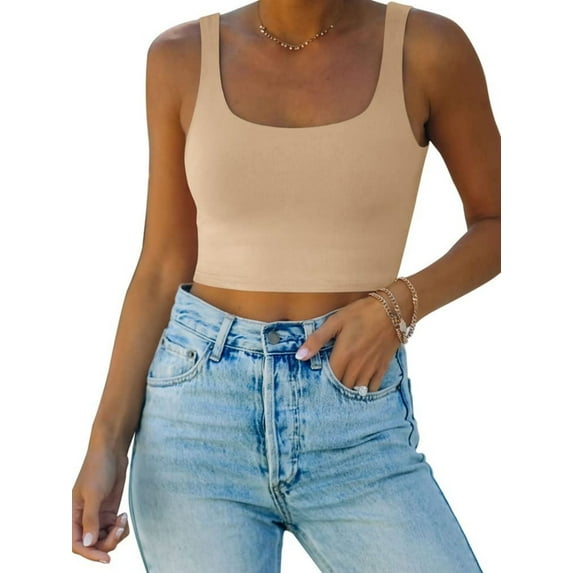 Women’s Sexy Square Neck Double Lined Seamless Sleeveless Cropped Tank Yoga Crop Basic Tops 2024