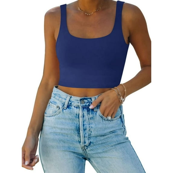 Women’s Sexy Square Neck Double Lined Seamless Sleeveless Cropped Tank Yoga Crop Basic Tops 2024