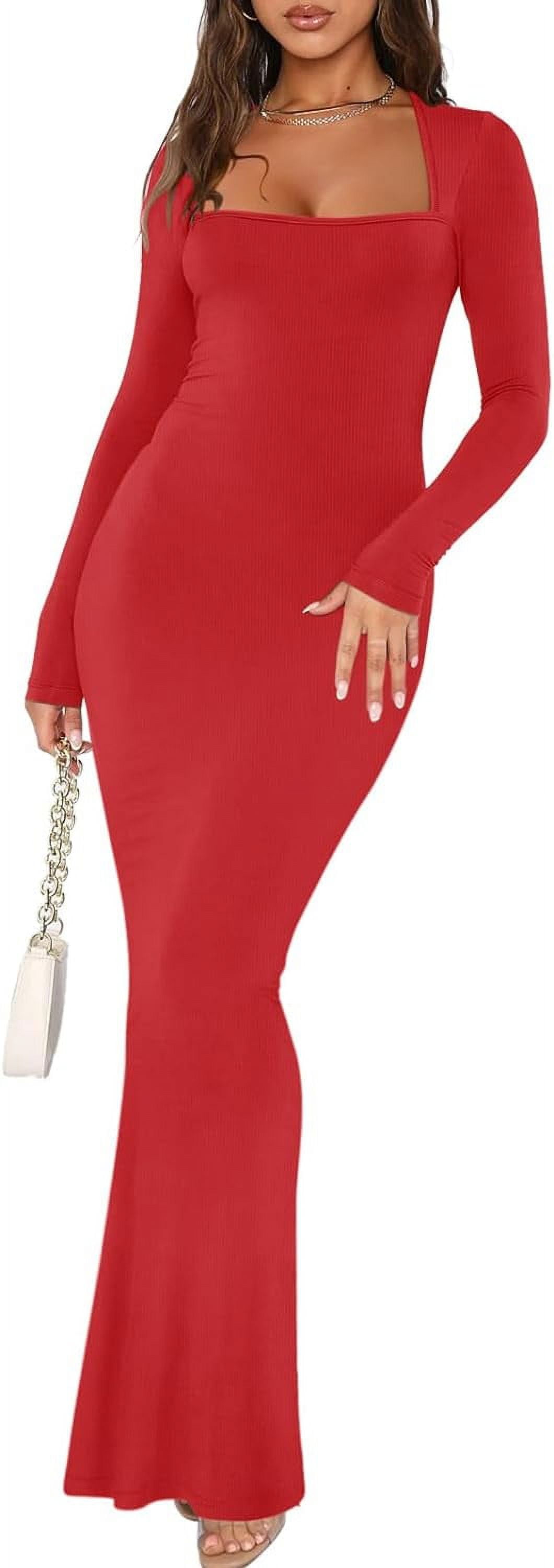 Women's Sexy Square Neck Long Sleeve Bodycon Maxi Dress Casual Ribbed ...