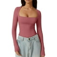 thumbnail image 1 of Women's Sexy Square Neck Shirt Long Sleeve Slim Fitted Dressy Tees Basic Solid Fashion Y2k Going Out Crop Tops, 1 of 5
