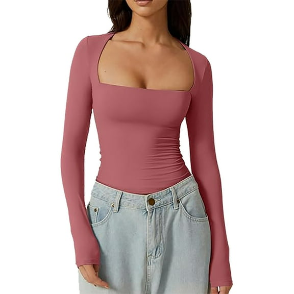 Women's Sexy Square Neck Shirt Long Sleeve Slim Fitted Dressy Tees Basic Solid Fashion Y2k Going Out Crop Tops