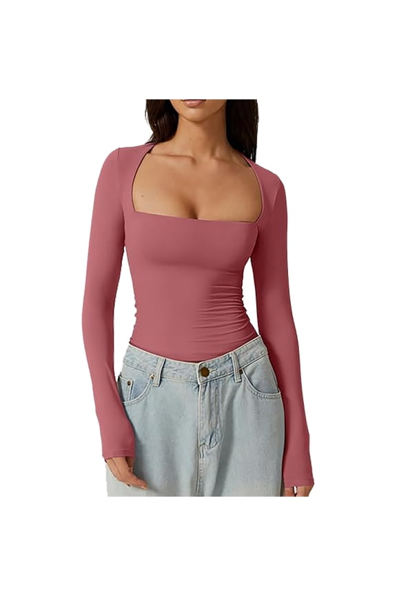 Women's Sexy Square Neck Shirt Long Sleeve Slim Fitted Dressy Tees Basic Solid Fashion Y2k Going Out Crop Tops
