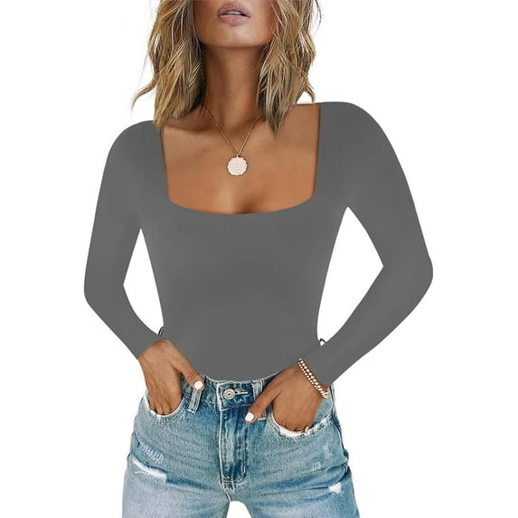 Women's Sexy Square Neck Short Sleeve Bodysuit Tops Double Lined Thong Bodysuit