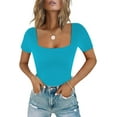 thumbnail image 1 of Women's Sexy Square Neck Short Sleeve Bodysuit Tops Double Lined Thong Bodysuit, 1 of 2